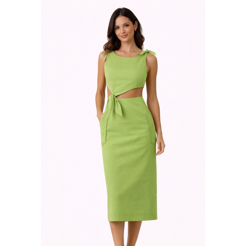 Nocturne Green Cotton Midi Dress | Cutout Pockets Sleeveless Size 1, Small EU 36